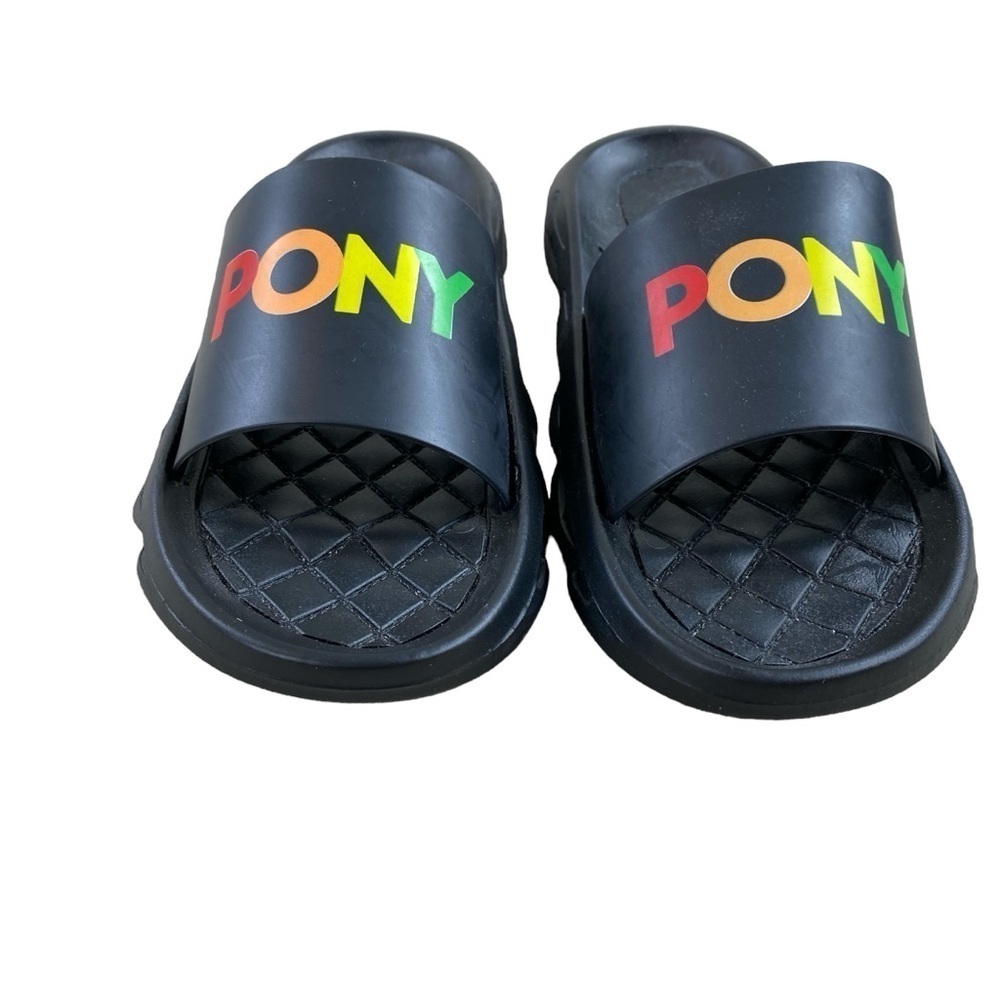 PONY Women’s Slides Pool Beach Sandals Flip Flops Black w/Multicolored Logo Sz 7